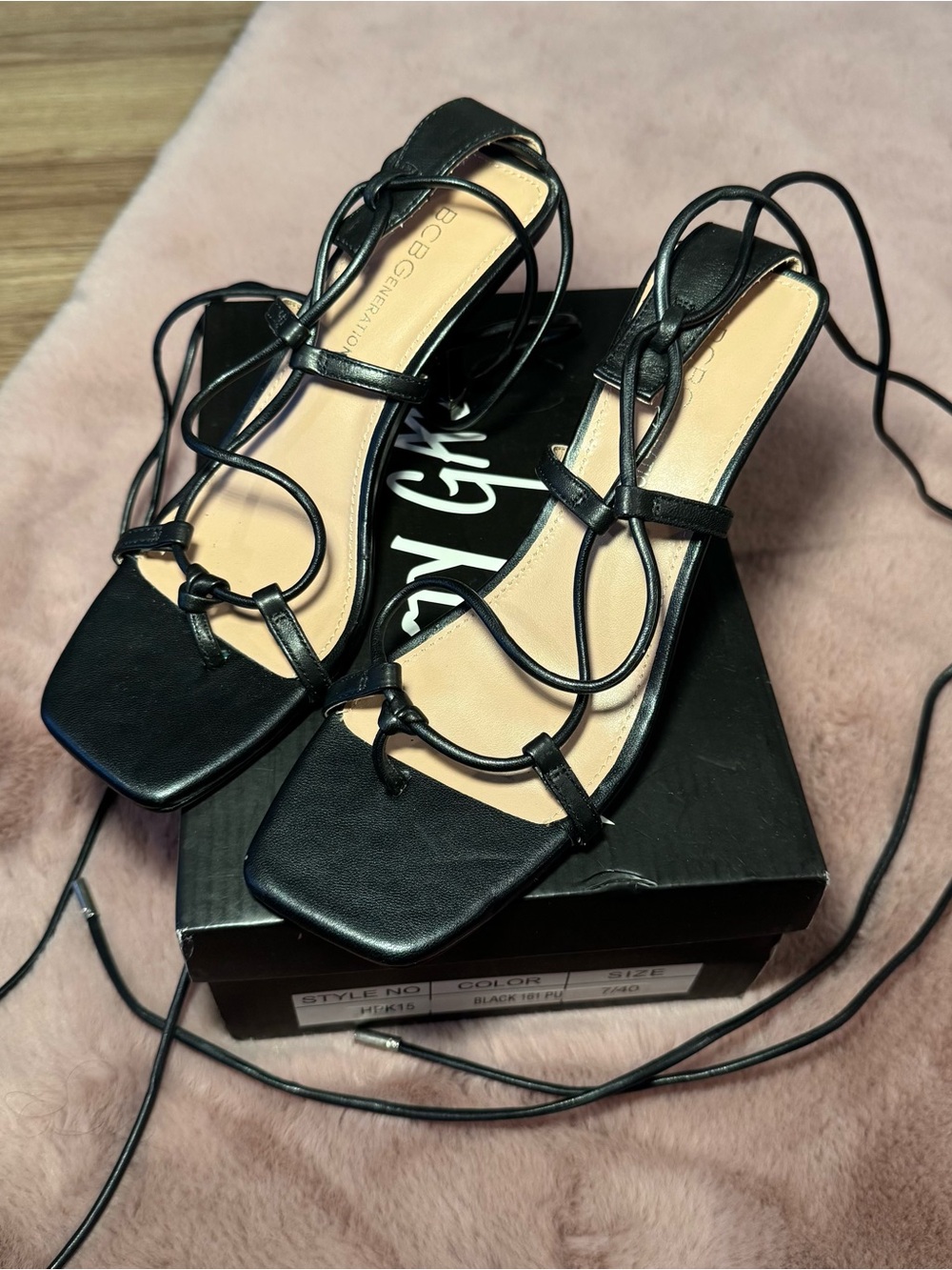 BCBGeneration Black Lace-Up Strappy Heels
